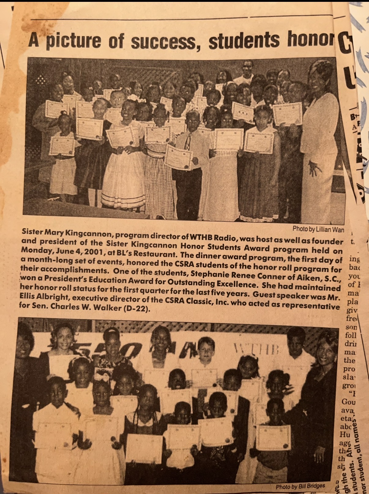 Newspaper clipping titled 'A picture of success, students honored' featuring Sister Mary Kingcannon at the Honor Students Award program, June 4, 2001
