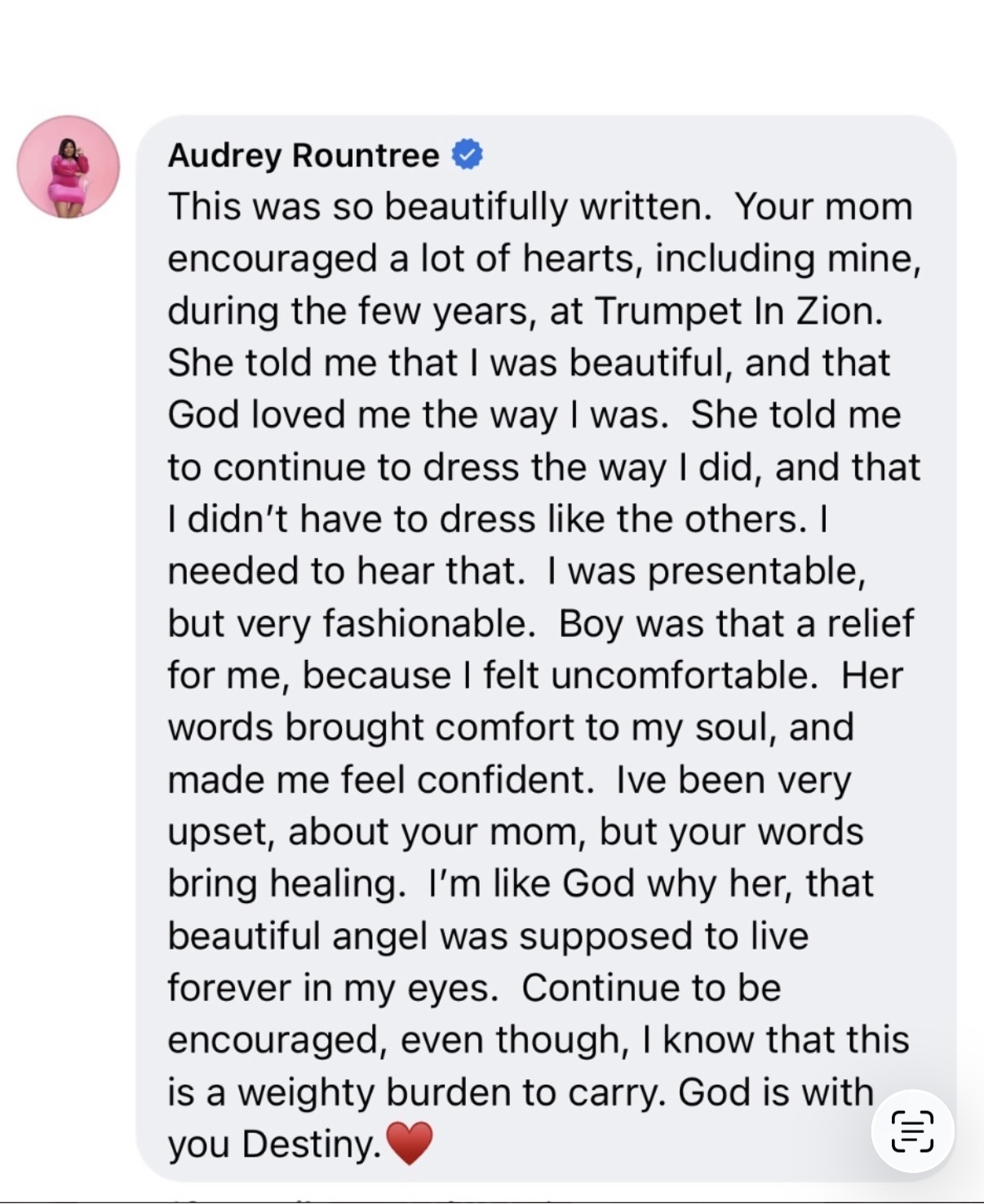 Tribute from Audrey Rountree