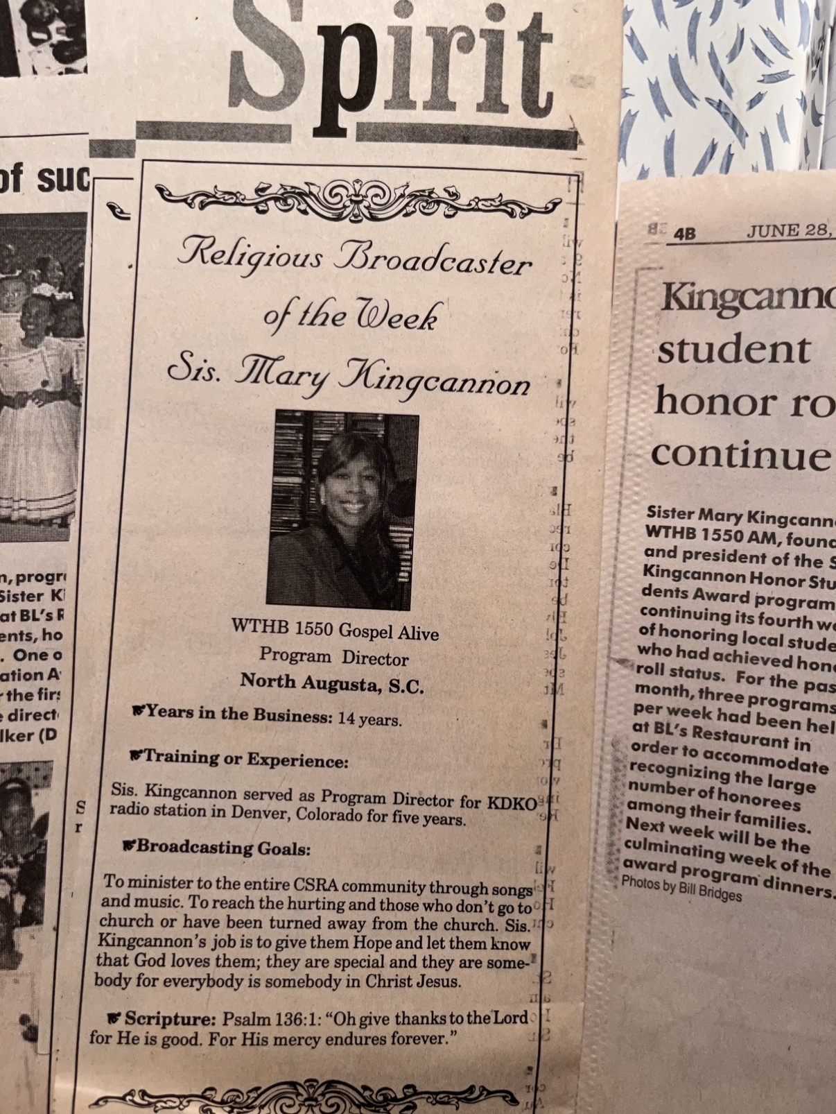 The Spirit newspaper feature naming Sister Mary Kingcannon Religious Broadcaster of the Week